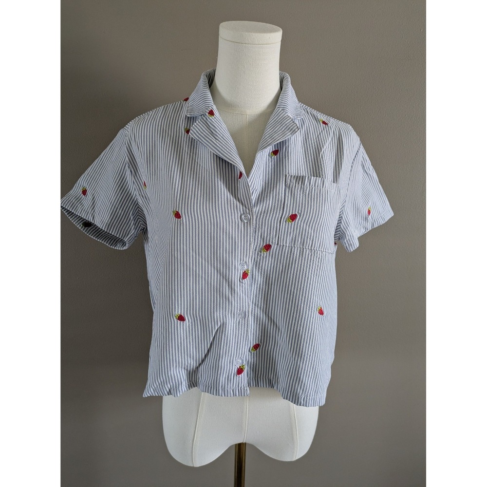 Better Together Blue & White Striped Strawberry Embroidered Button Down Top